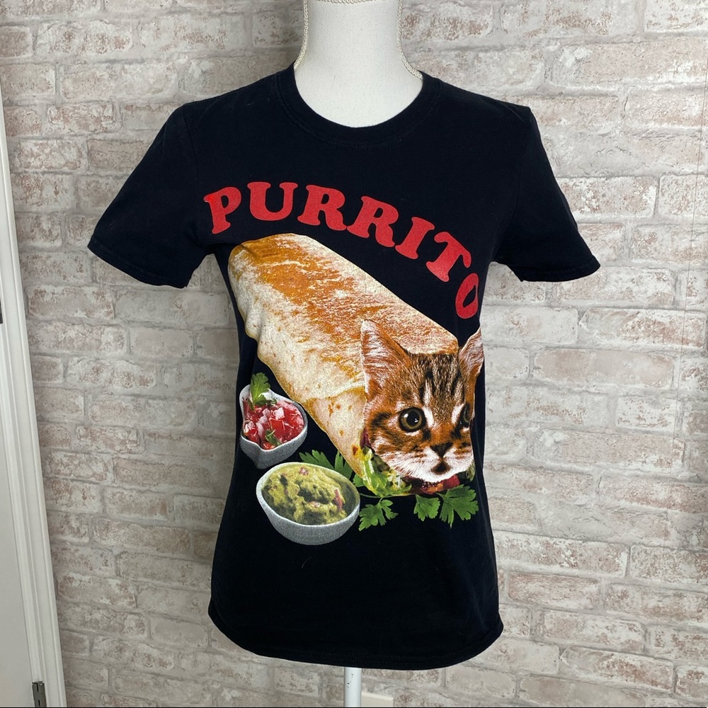 2 Monkeys black Purrito t-shirt size S Funny Cat Tee Burrito Taco
